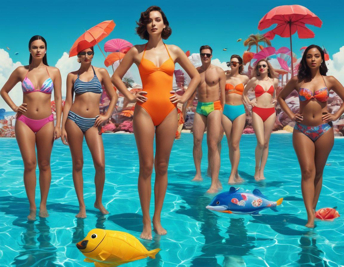 An artistic collage showcasing the evolution of swimwear, from classic bathing suits to avant-garde designs, blending seamlessly into vibrant scenes from adult animation. Include whimsical and bold fantasy elements, such as underwater realms and dreamlike landscapes, with characters in playful poses, wearing eclectic swimwear. Enhance with a splash of color and movement, emphasizing creativity and fun. retro cartoon style. vibrant colors. surreal background.
