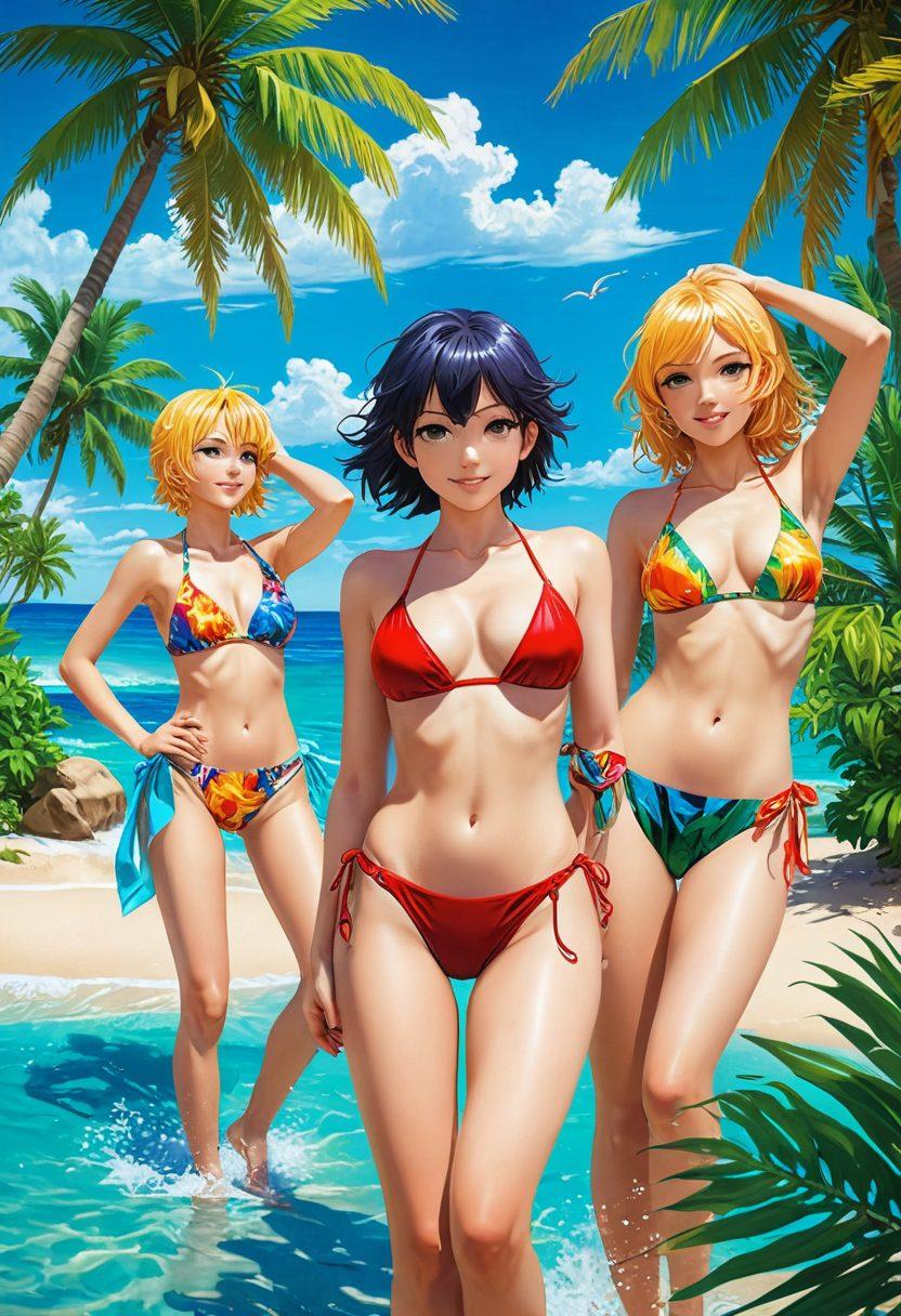 A captivating scene showcasing characters in vibrant swimwear, artfully posed in a stylized manga setting. Highlight their playful expressions and body language, evoking an air of flirtation and allure. Incorporate elements of water, beach, and colorful tropical backgrounds to enhance the summer vibe and tease of transformation. vivid colors, anime style, dynamic composition.