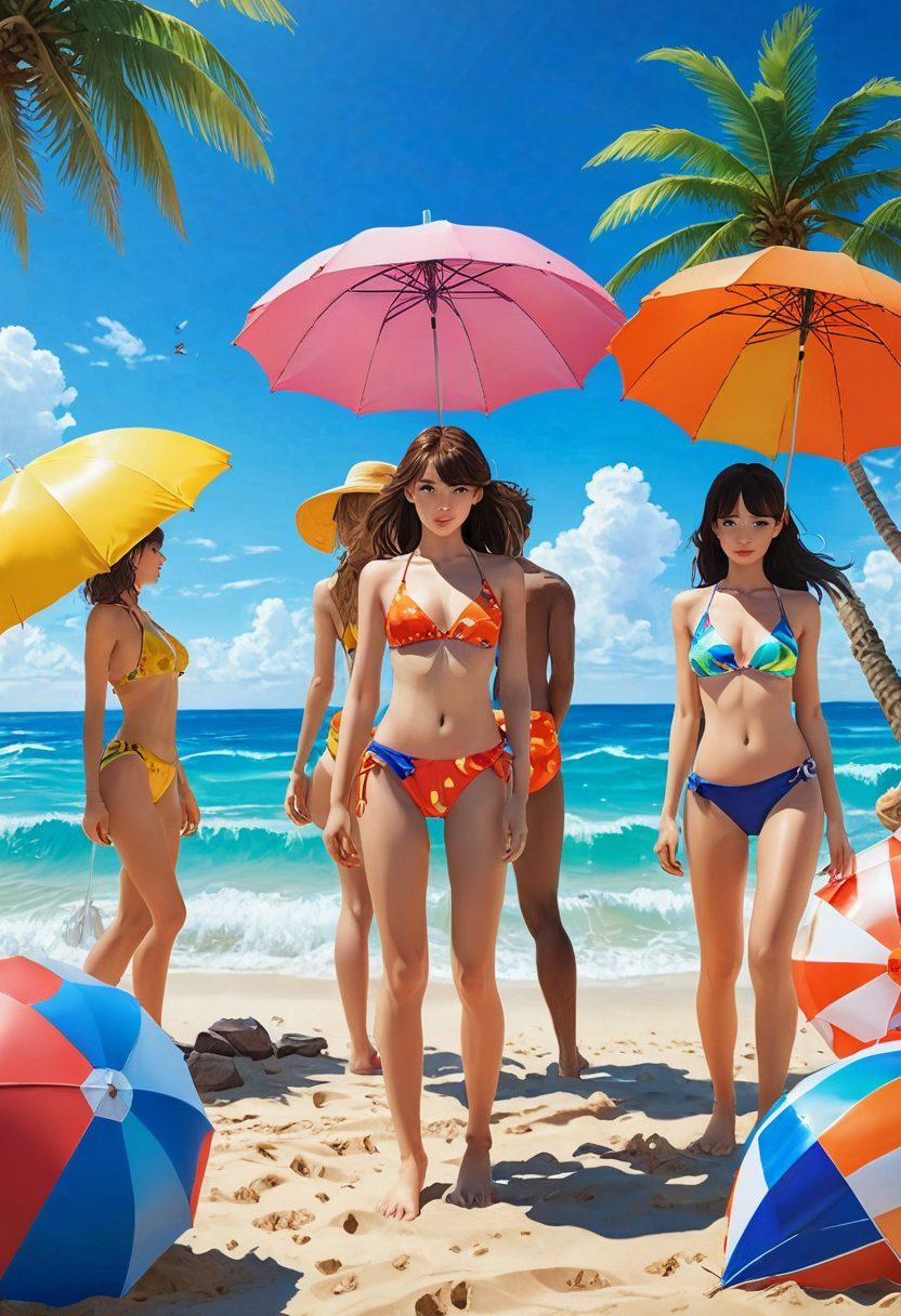 A captivating scene featuring a vibrant beach setting with colorful and alluring swimwear modeled by stunning anime characters in playful poses. The background shows a sunny sky, glistening ocean waves, and thematic elements like oversized beach accessories. Sensual but tasteful, emphasizing the allure of swimwear within an artistic, erotic animation style. hyper-realistic. bright colors. whimsical elements.